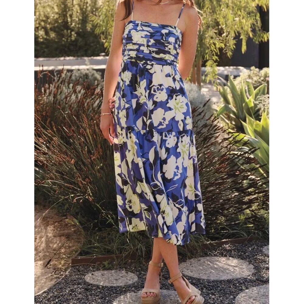 EVEREVE NWT Emmie Ruched Midi Dress in Blue Bold Floral // S - Picture 11 of 12
